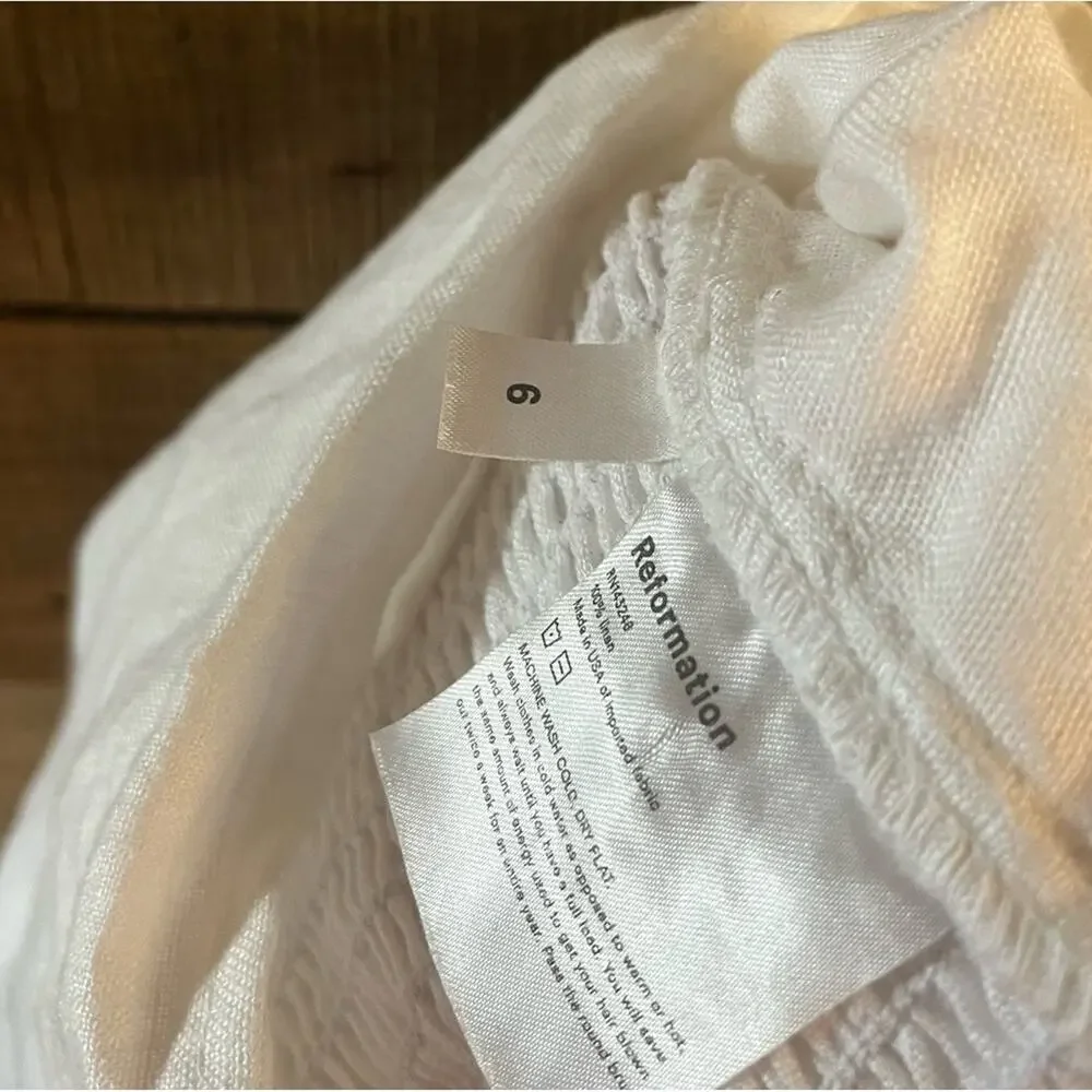 Reformation White Puff Sleeve Smocked Back Top